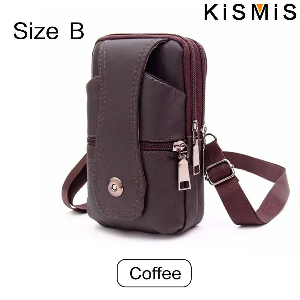 KISMIS Fashion Men's Leather Waist Bag - Multifunction Fanny Pack, Large Capacity Belt Bag with Shoulder Strap