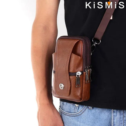 KISMIS Fashion Men's Leather Waist Bag - Multifunction Fanny Pack, Large Capacity Belt Bag with Shoulder Strap