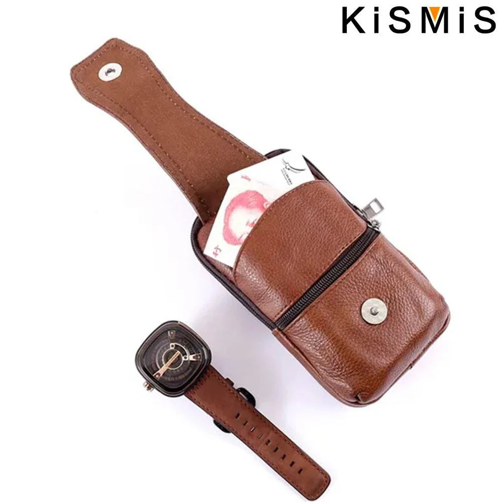 KISMIS Fashion Men's Leather Waist Bag - Multifunction Fanny Pack, Large Capacity Belt Bag with Shoulder Strap