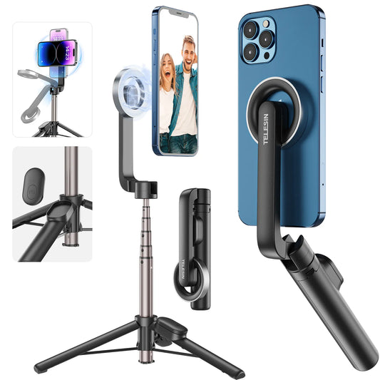 TELESIN Magnetic Selfie Stick Tripod with Remote For Cellphone For iPhone 14 13 12 Pro Max For HUAWEI XIAOMI SAMSUNG