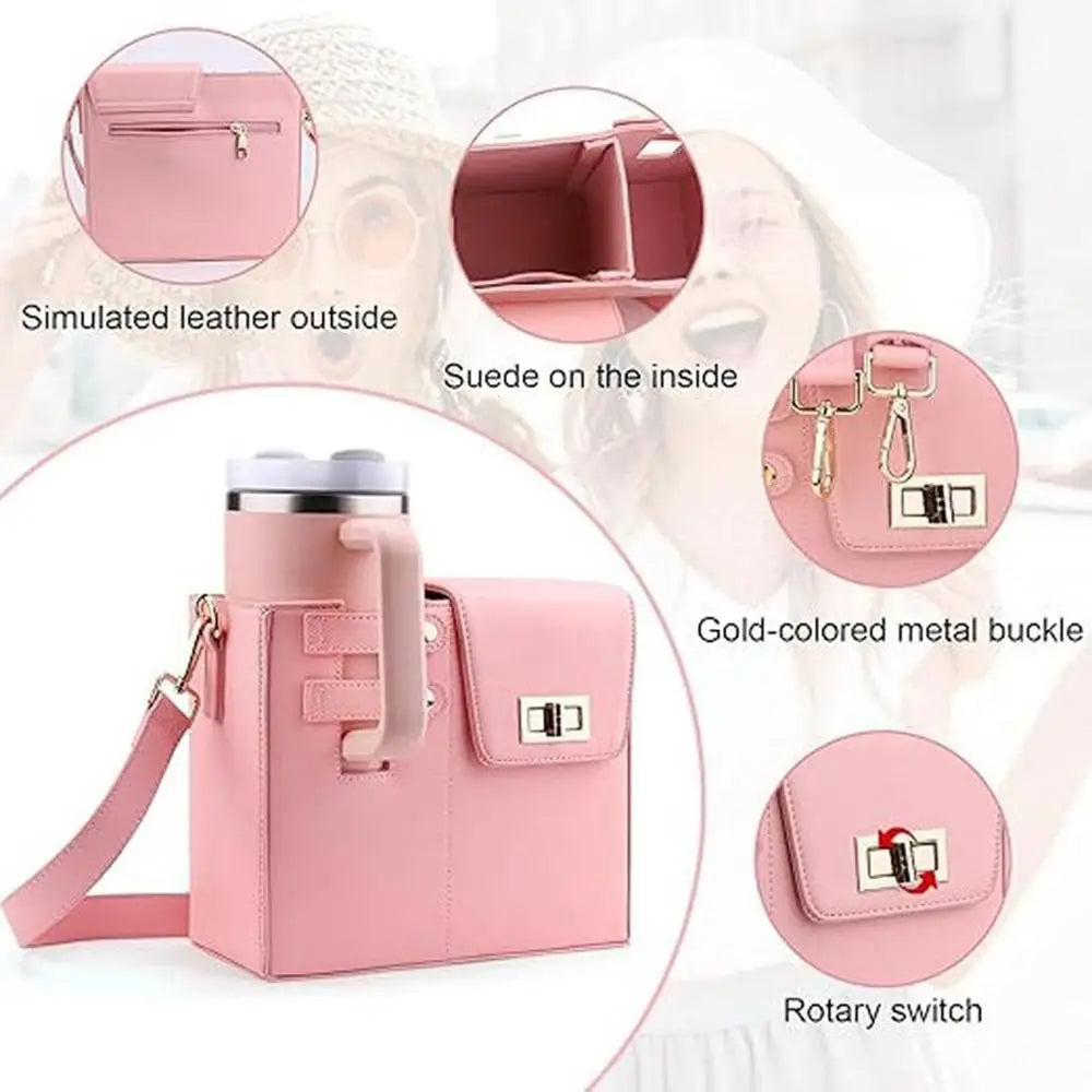 Water Bottle Carrier Bag For Stanley Cup Sleeve Handbag PU leather Outdoor Portable Pouch with Adjustable Shoulder Strap