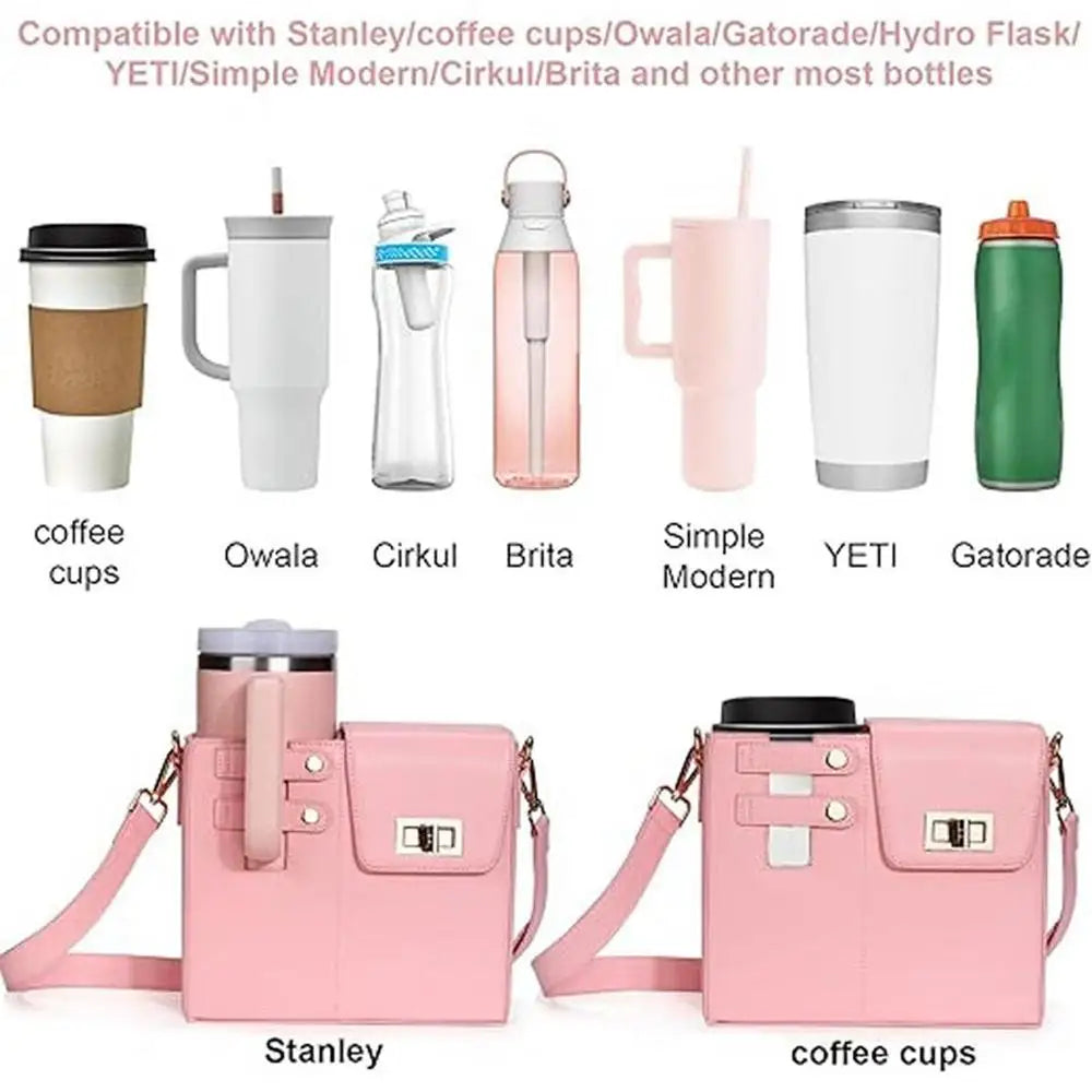 Water Bottle Carrier Bag For Stanley Cup Sleeve Handbag PU leather Outdoor Portable Pouch with Adjustable Shoulder Strap