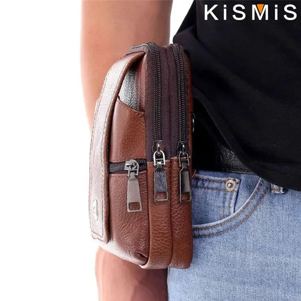 Men Leather Vintage Pack Waist Bag Belt Clip Phone Holster Travel Hiking Cell Mobile Phone Case Cover Belt Pouch Purse Belt