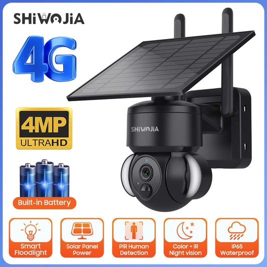 SHIWOJIA Outdoor Camera 4G / Wifi Solar Powered 7500mAh Battery with 5W Solar Panels 4MP Color Night Vision Wireless Garden CCTV